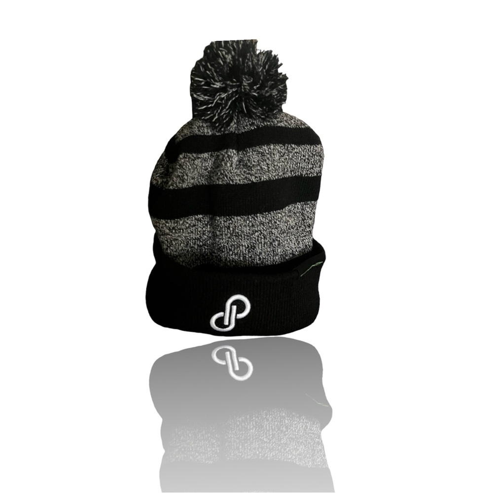 Poshmark Pom-Pom Swag Black & Gray Embroidered Logo Knit Beanie Perfect NWOT